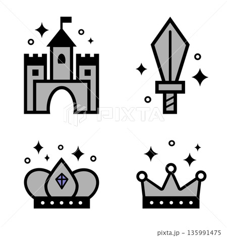 Vector icons of fantasy elements, castle, sword, crown, royal helmet. Perfect for games, stories, and medieval themes 135991475