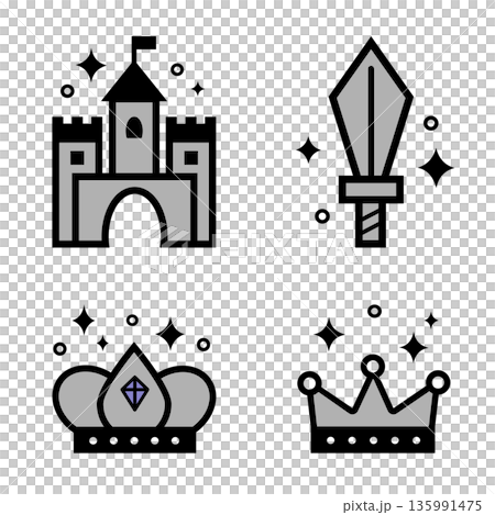 Vector icons of fantasy elements, castle, sword, crown, royal helmet. Perfect for games, stories, and medieval themes 135991475