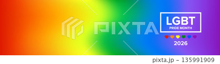 LGBT Pride Month 2026 Rainbow Gradient Banner with Heart Icons, Celebrating Diversity and Unity in the LGBTQ Community. Pride month wide banner 2026 135991909