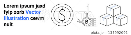 Financial technology, cryptocurrency, digital transactions, blockchain systems, virtual assets, online business. Dollar sign, Bitcoin symbol with network lines and geometric cubes. Cryptocurrency 135992091