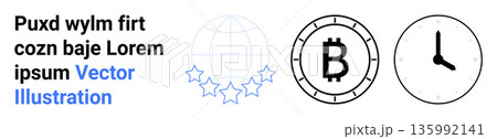 Financial transactions, blockchain, cryptocurrency, global reach, time management, digital economy. Bitcoin logo, clock global network. Blockchain and financial transactions concept 135992141