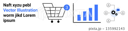 E-commerce, data analysis, customer management, online shopping, business growth, digital marketing. Shopping cart with notification, bar graph and network with settings gear. E-commerce and data E-commerce, data analysis, customer management, online shopping, business growth, digital marketing. Shopping cart with notification, bar graph and network with settings gear. E-commerce and data 135992143