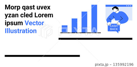 Financial strategy, cashback rewards, business growth, savings programs, online shopping trends, data analytics. A bar graph and a person with cashback speech bubble. Financial strategy and cashback 135992196