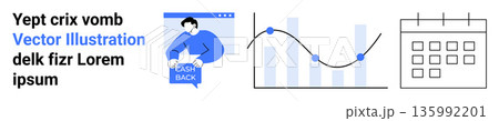 Financial planning, data reporting, business analytics, loan management, scheduling, time tracking. Man interacting with interface, graph with data points and calendar icon. Business analytics Financial planning, data reporting, business analytics, loan management, scheduling, time tracking. Man interacting with interface, graph with data points and calendar icon. Business analytics 135992201