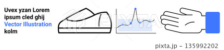 Footwear design, analytics, data visualization, design concepts, customizable graphics, branding tools. Shoe outline, chart with data points and open hand gesture graphic. Analytics and design 135992202