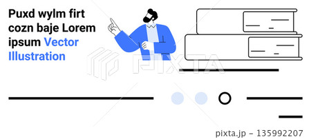 Education, knowledge sharing, business training, teaching, organization, data visualization. Man pointing with books and text. Education and knowledge sharing concepts visually Education, knowledge sharing, business training, teaching, organization, data visualization. Man pointing with books and text. Education and knowledge sharing concepts visually 135992207