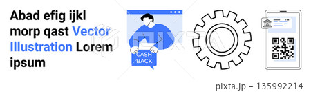 Cashback services, online validation, digital systems, tech innovation, identity security, mobile scanning. Man cashback, gear icon and phone with QR code. Cashback services and online validation Cashback services, online validation, digital systems, tech innovation, identity security, mobile scanning. Man cashback, gear icon and phone with QR code. Cashback services and online validation 135992214