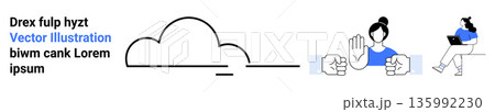 Cloud computing, data backup, collaboration, remote work, teamwork, digital security. Minimalist cloud icon, person waving and laptop user. Cloud computing and data backup visualization Cloud computing, data backup, collaboration, remote work, teamwork, digital security. Minimalist cloud icon, person waving and laptop user. Cloud computing and data backup visualization 135992230