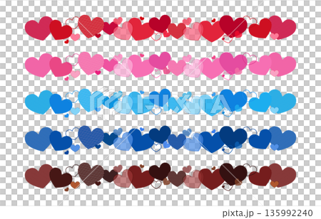 一組向量插圖，包含各種顏色的心形線條，包括紅色、粉紅色、淺藍色、藍色和棕色。 135992240