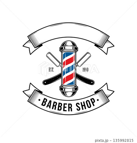 A classic vintage barbershop logo featuring a crossed straight razor, with retro typography and flourishes. A classic vintage barbershop logo featuring a crossed straight razor, with retro typography and flourishes. 135992815