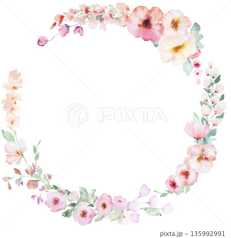 Round watercolor floral frame with pastel flowers and green leaves, delicate hand painted illustration 135992991