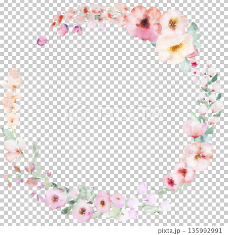 Round watercolor floral frame with pastel flowers and green leaves, delicate hand painted illustration 135992991