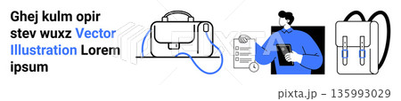 Business organization, work tools, education, office essentials, personal gear, task management. Includes a briefcase, clipboard with a checklist a person and a backpack. Business organization Business organization, work tools, education, office essentials, personal gear, task management. Includes a briefcase, clipboard with a checklist a person and a backpack. Business organization 135993029