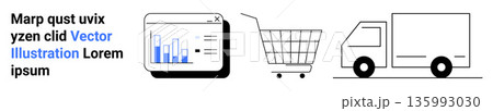 E-commerce, logistics, data analytics, online shopping, digital marketing, business. Visual elements include a graph, shopping cart and delivery truck. E-commerce and logistics 135993030