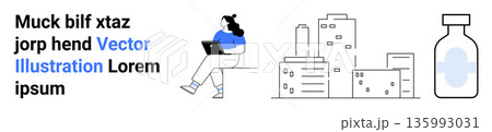 Remote work, urbanization, vaccination, digital lifestyle, health awareness, city living. A person using a laptop, cityscape and a vaccine bottle. Remote work and urbanization concepts 135993031