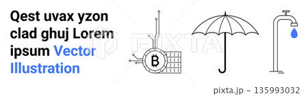 Cryptocurrency, blockchain technology, digital finance, weather protection, sustainability, water conservation. Line art of Bitcoin, umbrella and water tap with water droplet. Cryptocurrency Cryptocurrency, blockchain technology, digital finance, weather protection, sustainability, water conservation. Line art of Bitcoin, umbrella and water tap with water droplet. Cryptocurrency 135993032