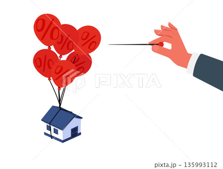 Illustration of a businessman popping a housing interest rate balloon with a needle. Stock illustration. Illustration of a businessman popping a housing interest rate balloon with a needle. Stock illustration. 135993112