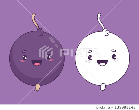 Kawaii Blackcurrant Set. Colored and Outline Sweet Berry Cartoon Character for Coloring and Design. Isolated Vector illustration. Kids collection. Not AI Kawaii Blackcurrant Set. Colored and Outline Sweet Berry Cartoon Character for Coloring and Design. Isolated Vector illustration. Kids collection. Not AI 135993145