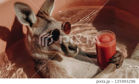 Relaxing Kangaroo in Pool with Sunglasses and Drink Enjoying Leisurely Resort Vibe Relaxing Kangaroo in Pool with Sunglasses and Drink Enjoying Leisurely Resort Vibe 135993296