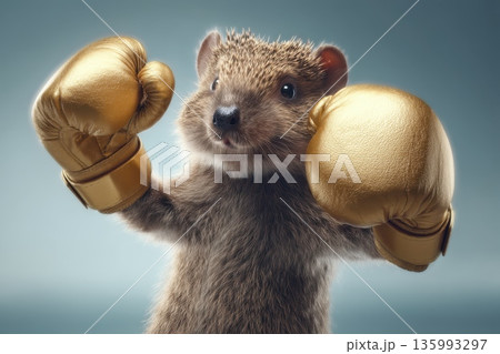 Playful Hedgehog Wearing Shiny Gold Gloves in a Fun and Adorable Pose Playful Hedgehog Wearing Shiny Gold Gloves in a Fun and Adorable Pose 135993297