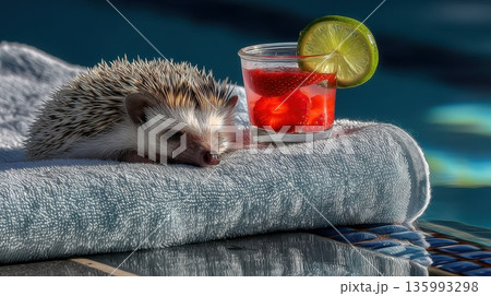 Cute Hedgehog Reclining on Beach Towel Next to Refreshing Drink Garnished with Lime Slice Cute Hedgehog Reclining on Beach Towel Next to Refreshing Drink Garnished with Lime Slice 135993298