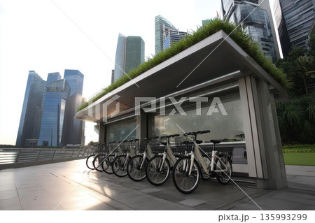 Smart Electric Bikes Lined Up at Modern Docking Station in Urban Cityscape Setting Smart Electric Bikes Lined Up at Modern Docking Station in Urban Cityscape Setting 135993299
