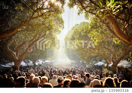 Crowd of Pedestrians Walking in Slow Motion Through Lush Green Pathway Under Bright Sunlight 135993316