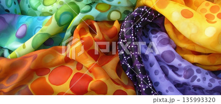Vibrant and Playful Silk Scarves Beautifully Arranged in a Colorful Display of Patterns Vibrant and Playful Silk Scarves Beautifully Arranged in a Colorful Display of Patterns 135993320