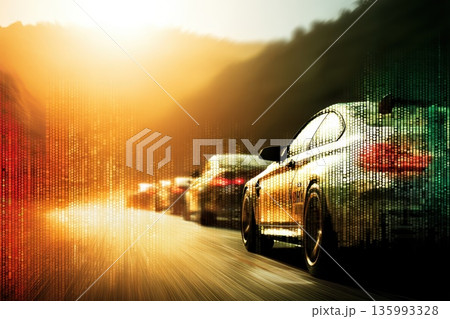 Vibrant Summer Road Scene with Zooming Cars Under a Golden Sunset Glow Vibrant Summer Road Scene with Zooming Cars Under a Golden Sunset Glow 135993328