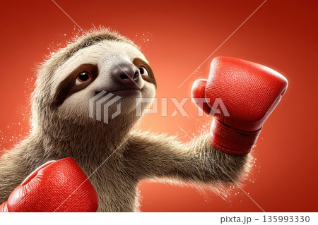 Playful Sloth in Boxing Gloves Ready for a Fun and Slow-Paced Match Playful Sloth in Boxing Gloves Ready for a Fun and Slow-Paced Match 135993330