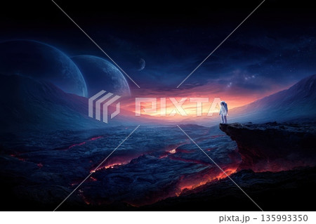 Astronaut Alone in Dark Volcanic Landscape Under Dual Planets in Distant Space Scene Astronaut Alone in Dark Volcanic Landscape Under Dual Planets in Distant Space Scene 135993350