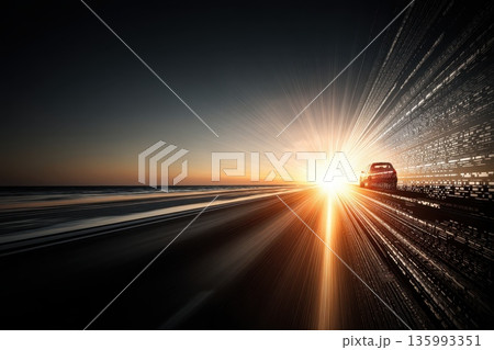 Futuristic Car Speeding Through Coastal Desert Landscape at Sunset with Motion Blur Effect 135993351