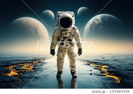Astronaut Standing Still on Dark Volcanic Terra with Planets in Mysterious Outer Space Background 135993395