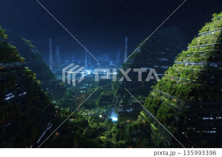 Futuristic Cityscape with Glowing Transport Pods Amidst Lush Greenery at Night 135993396