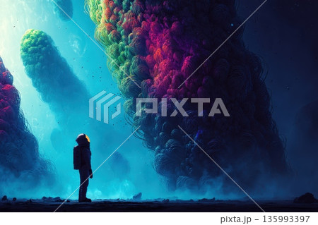 Astronaut in Fog Observing Giant Alien Flora in Mysterious Colorful Landscape 135993397