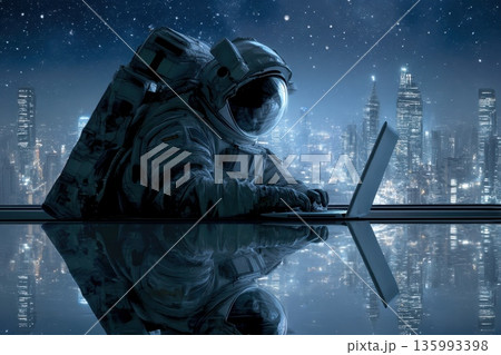 An Astronaut in a Reflective Visor Suit Focusing on a Laptop Amidst a Starry Cityscape 135993398