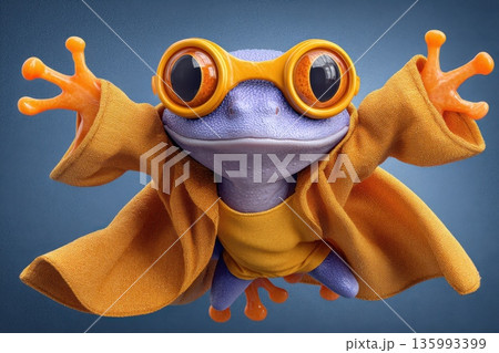 Playful Frog Character with Goggles in a Water Theme, Superhero Costume, Fun and Colorful Design Playful Frog Character with Goggles in a Water Theme, Superhero Costume, Fun and Colorful Design 135993399