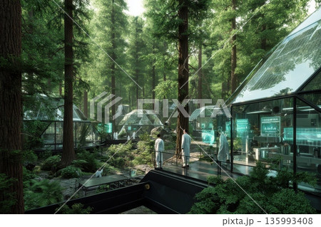 Futuristic Eco Laboratory Surrounded by Lush Forest with Solar Technology Integration 135993408