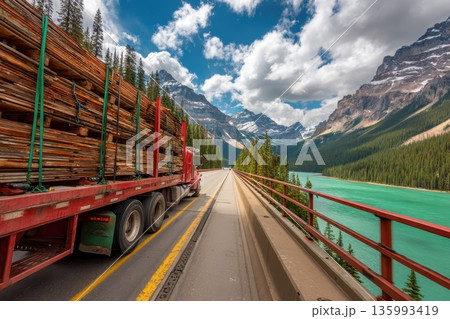 Flatbed Truck Driving Across Scenic Bridge with Mountain View and Sparkling Lake Below 135993419
