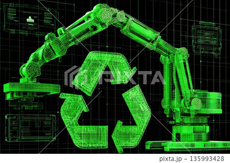 Robotic Arms Assembling Recycle Symbol with Wireframe Design in Green Color Scheme Robotic Arms Assembling Recycle Symbol with Wireframe Design in Green Color Scheme 135993428