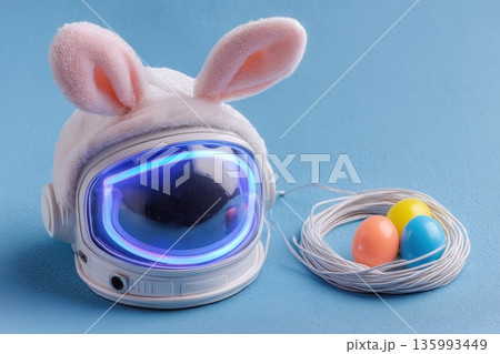 Astronaut Helmet with Bunny Ears and Colorful Eggs on Blue Background for Easter Celebration 135993449