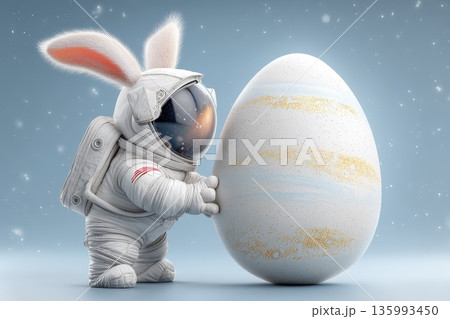 Astronaut bunny gazes at magical egg in a whimsical and enchanting space scene Astronaut bunny gazes at magical egg in a whimsical and enchanting space scene 135993450