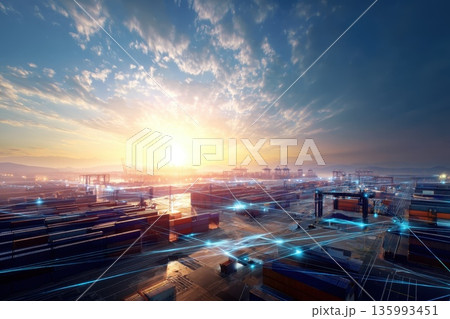 Futuristic Global Logistics Hub with Interconnected Container Systems at Sunrise 135993451