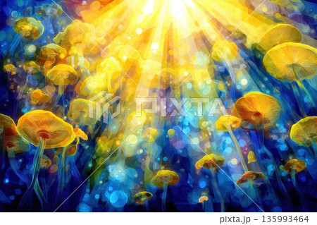 Giant Alien Flowers in a Galactic Tundra with Bright Sunlight and a Colorful Background Giant Alien Flowers in a Galactic Tundra with Bright Sunlight and a Colorful Background 135993464