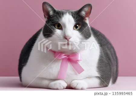 Chubby and Chunky Cat Sitting Upright with Pink Ribbon on Neck Against Pink Background 135993465