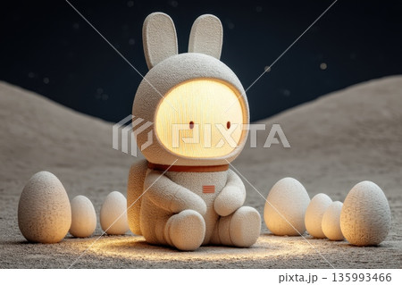 Whimsical Space Scene with Bunny Eared Astronaut Sitting Among Bright, Glowing Eggs 135993466