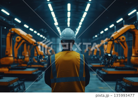 Supervisor in Safety Vest Observing Robotic Factory Operations at Night 135993477