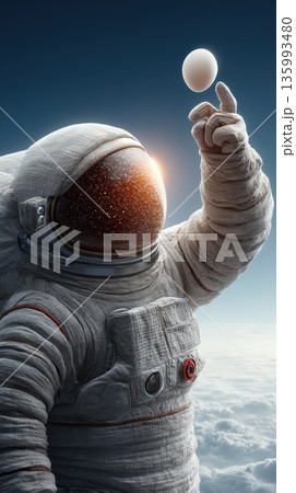 Astronaut Reaching for an Egg in Upward Angle Against Starry Sky Background 135993480