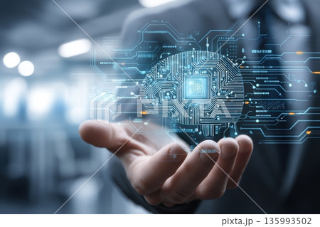 Human Hand Holding AI Brain Symbolizing Responsibility and Innovation in Technology Human Hand Holding AI Brain Symbolizing Responsibility and Innovation in Technology 135993502