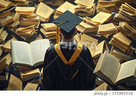 Graduate in Cap and Gown Surrounded by Open Books and Resume Drafts in a Study Space 135993519
